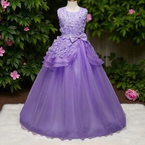 Girls Lilac 3D Floral Lace & Tulle Gown w/ Satin Bow NINJXD Pageant Dress